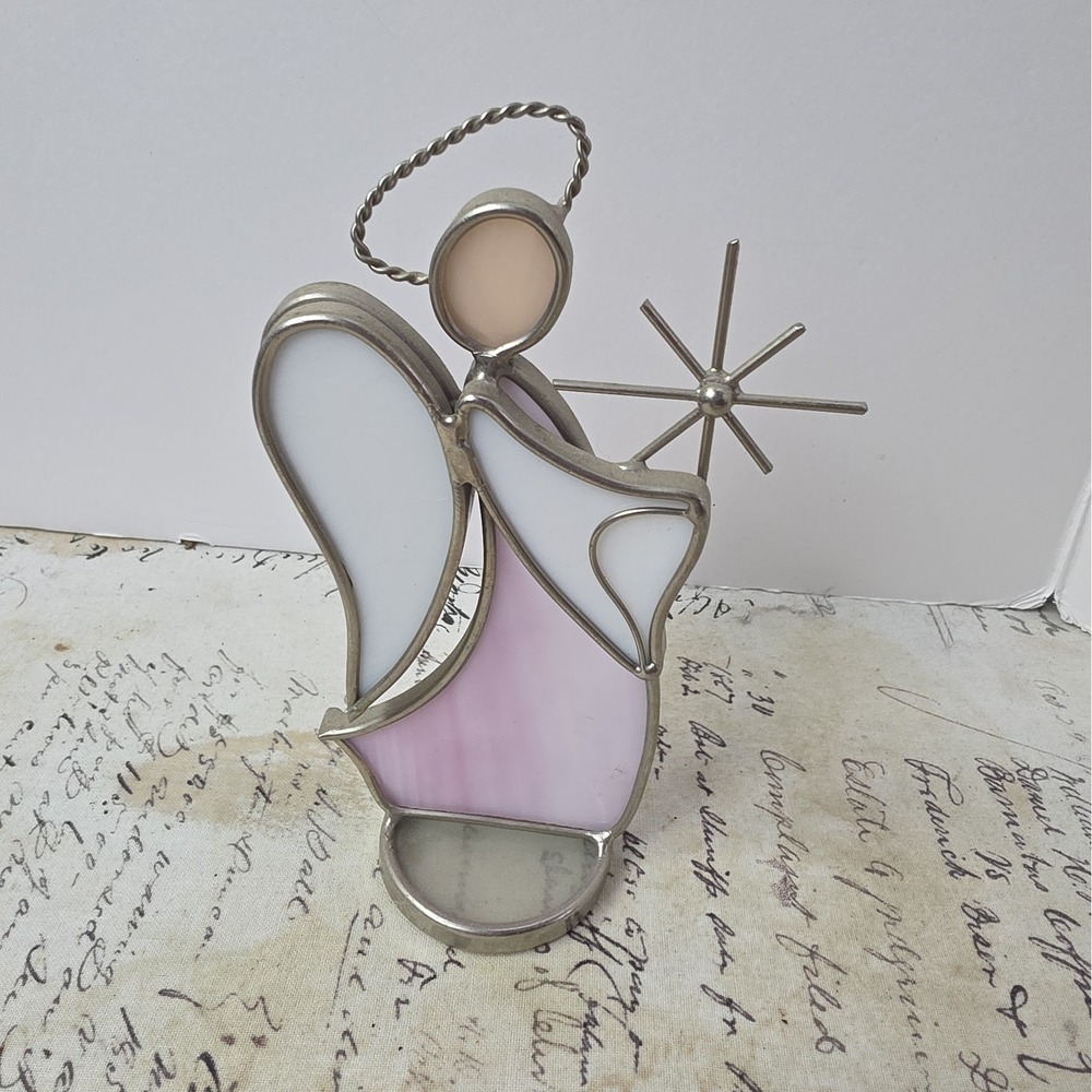 White & Pink Stained Glass Angel Figurine Holding Star Christmas